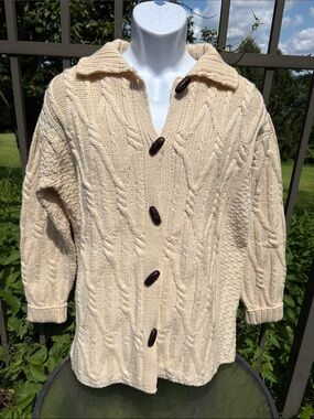 Vintage Aran Crafts 100% Merino Wool Cream Button Down Sweater from Ireland Sz L